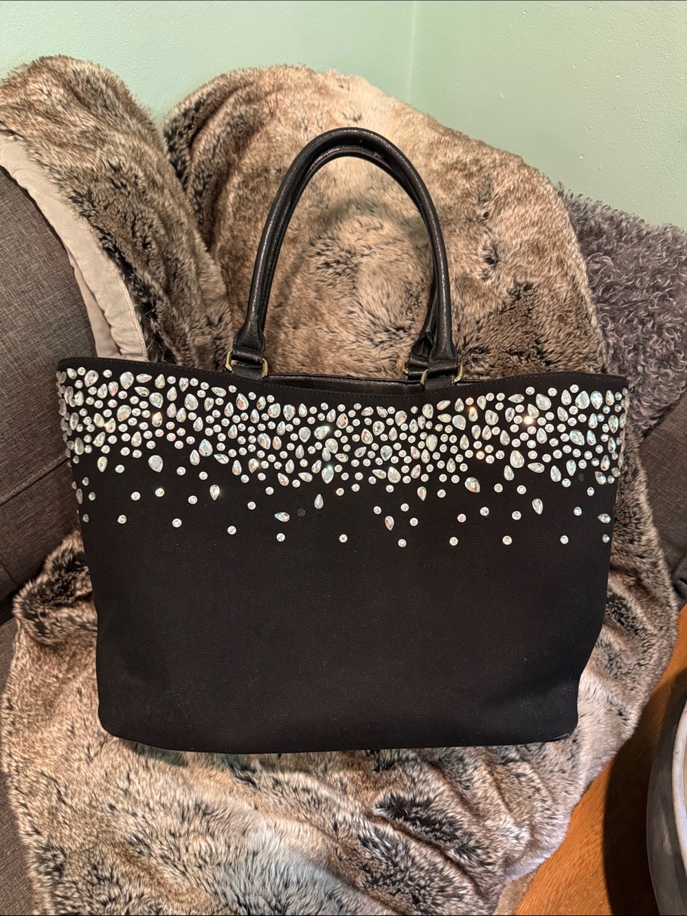 bebe Black Tote with Crystal Accents